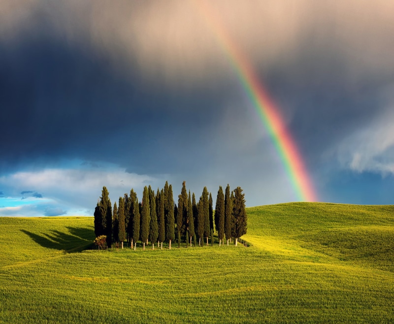 sky, hill, trees, rainbow, 1080P, cypress, Cypress Hill, field, Nature, Tuscany, Italy, spring, grove, clouds, May