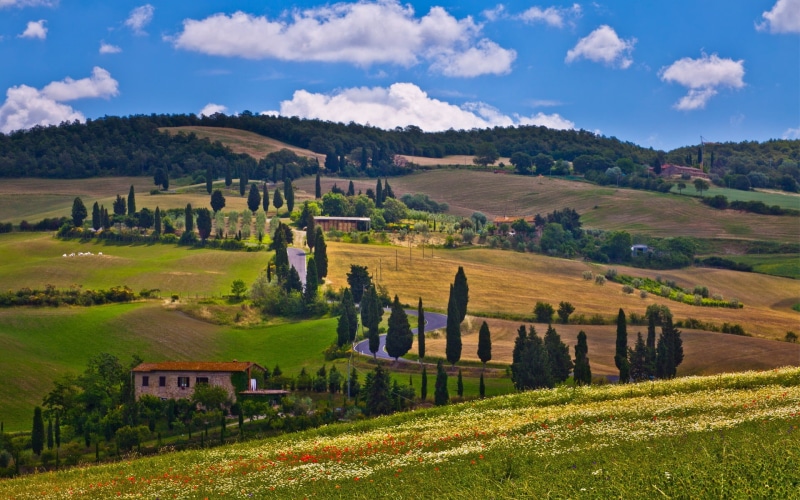 sky, scenics, day, chianti Region, trees, brown, architecture, mountain, springtime, italian Culture, land, grass, pienza, tranquil Scene, non-Urban Scene