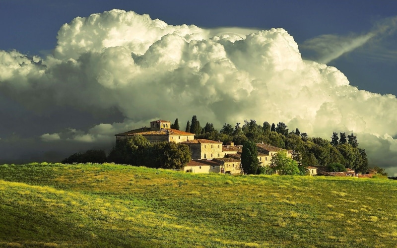 building exterior, old, springtime, blue, val dOrcia, history, scenics - nature, concrete, cloudscape, church, nature, rural Scene, cultures, white, land