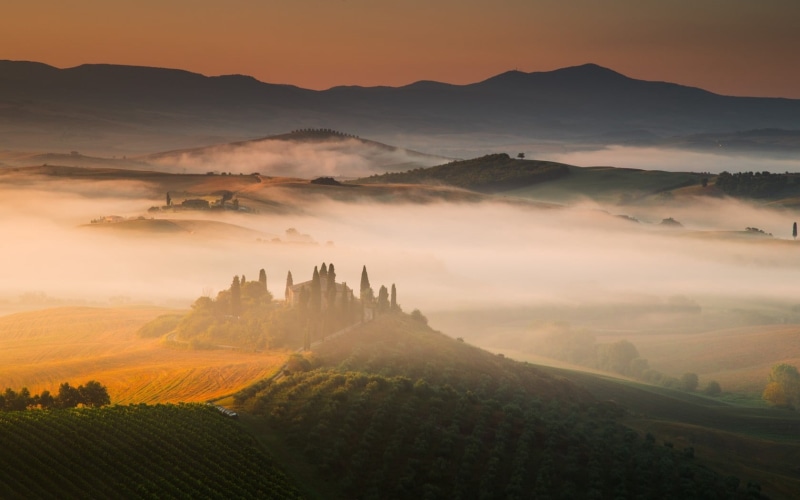 sky, farmhouse, grassfield, sunlight, day, italian Culture, siena Province, vineyard, green, sunrise - Dawn, chianti Region, italian Cypress, built structure