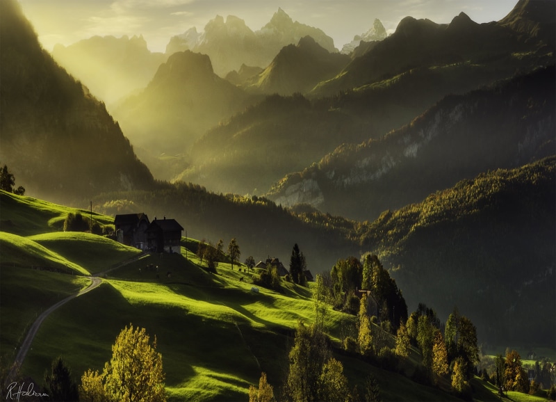 grass, sunset, farm, summer, hill, non-Urban Scene, beauty In Nature, nature, panoramic, tree, sunlight, cultures, val dOrcia, house, dawn, scenics - nature