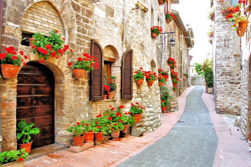 travel, plant, facade, europe, red, Italy, history, 4K, pots, architectural column, geranium, staircase, summer, flower, flower Pot, lot, building, medieval