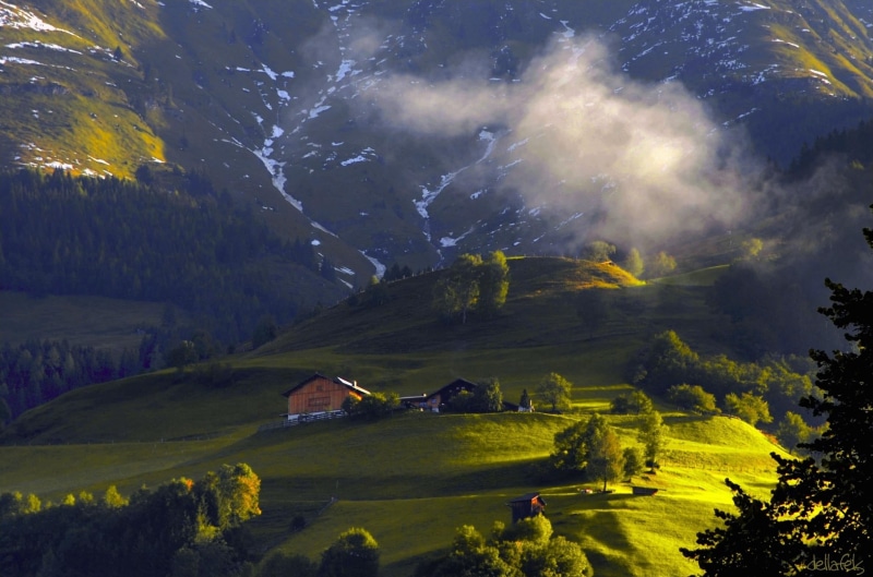 farmhouse, tranquility, cottage, tranquil scene, no people, environment, plant, tree, house, scenics - nature, cabin, mountains, agricultural building