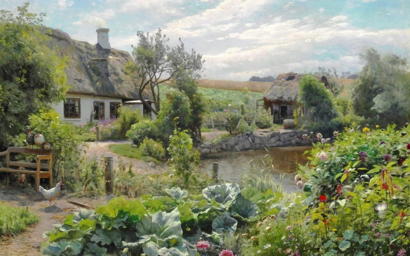 Danish realist painter, 1080P, Peter Merk Of Menstad, 1932, Peder Mørk Mønsted, oil on canvas, Summer day on a farm in a village pond, Summer day at a farmhouse by the village pond