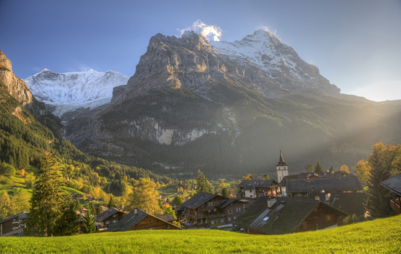 mountains, built structure, summit, mountain landscape, beauty in nature, bernese oberland, sky, landscape, church, building, 4K, farmhouses, wooden houses