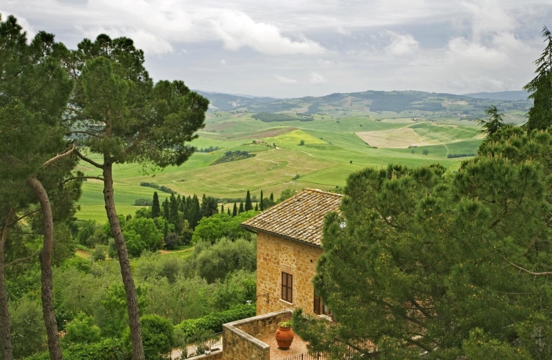 tranquil scene, Pienza, rural scene, scenics - nature, View, tree, From, outdoors, concrete, tranquility, land, Landscape, house, environment, sky, Town