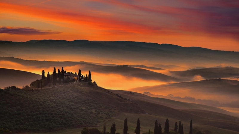 sunrise, architecture, mountain, 1080P, red sky at morning, travel, italy, sun, land, tuscany, sky, pienza, landscape, europe, hill, scenics - nature