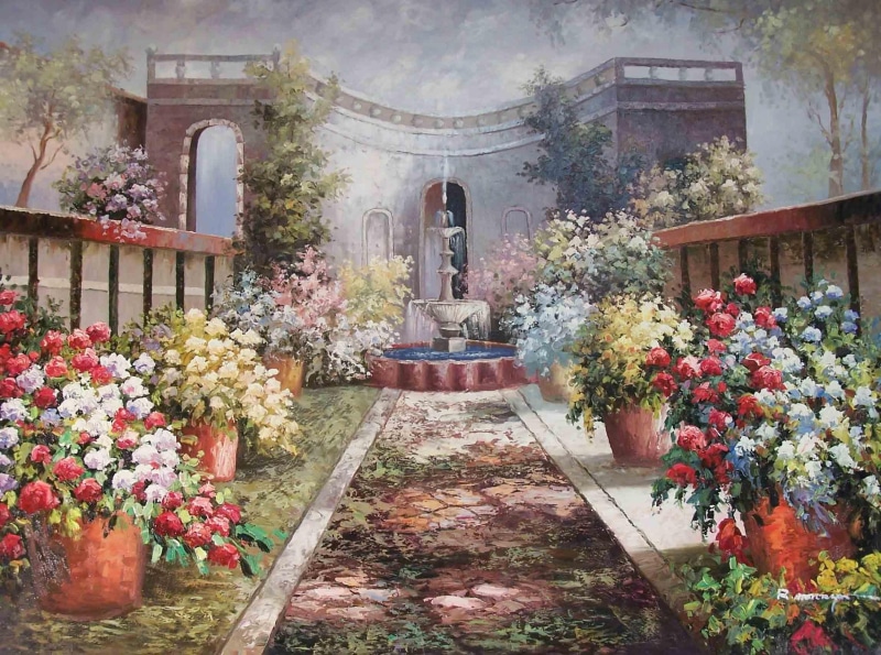 plants, gardens, building, pots, 1080P, 3d and abstract, ruins, serene, garden, fountain, vines, secret, flowers