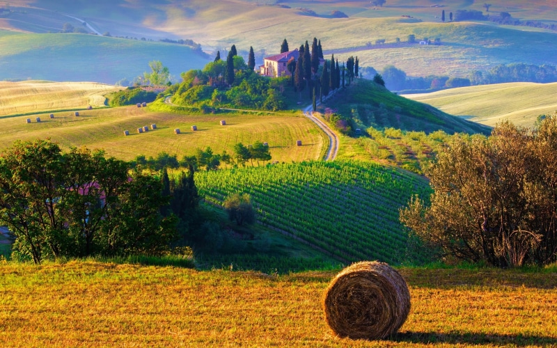 Sunrise, Italy, Morning, Landscape, hay, Tuscany, field, Farms, stock, Haystacks, Nature, brown, Fields, 2K