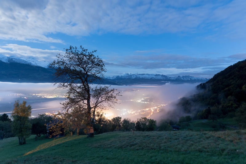 mountain, switzerland, plant, liechtenstein, no people, non-urban scene, 2K, sky, night, outdoors, fog, tree, land, landscape, growth, tranquility, field