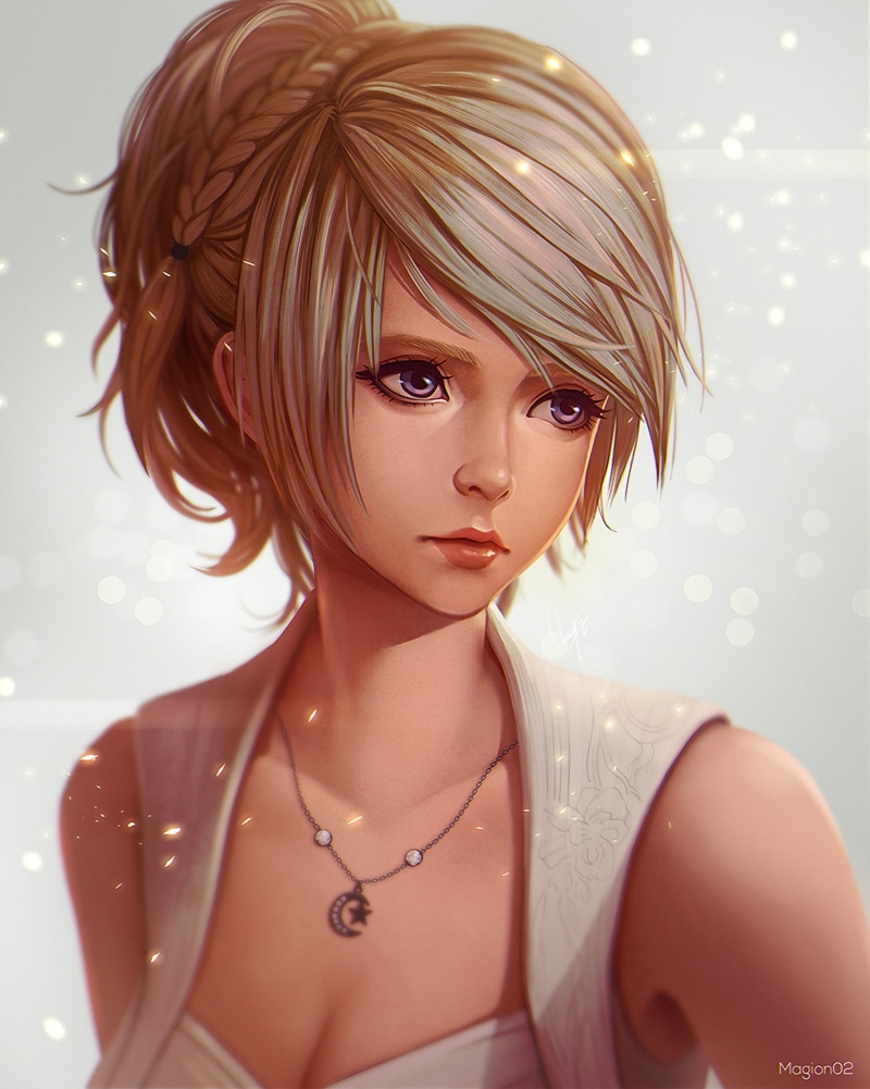 hair, purple eyes, beautiful woman, Final Fantasy, body part, luxury, 720P, glamour, blonde, anime, Luna (Final Fantasy XV), young adult, human hair, portrait