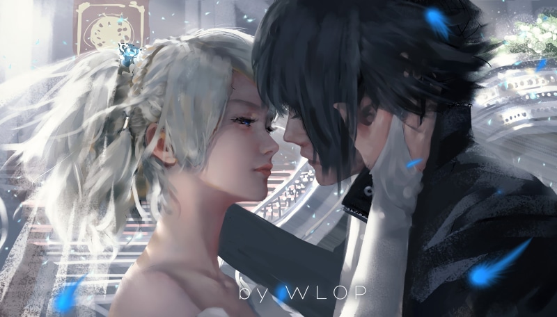 women, artwork, Final Fantasy XV, white hair, 2K, Final Fantasy, Noctis, WLOP, men, brunette, Lunafreya Nox Fleuret, video games, kissing, digital art