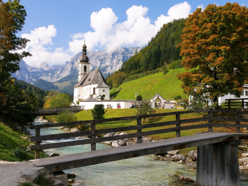 building, landscape, architecture, built structure, mountains, ramsau, autumn, clouds, river, building exterior, spirituality, religion, nature, bridge
