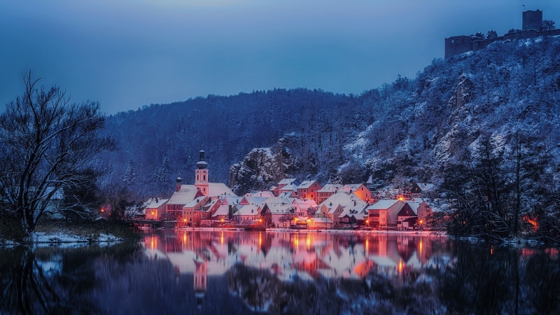 sky, 2K, reflection, place of worship, building, outdoors, trees, no people, Germany, green, leafed, built structure, winter, dusk, architecture, tree