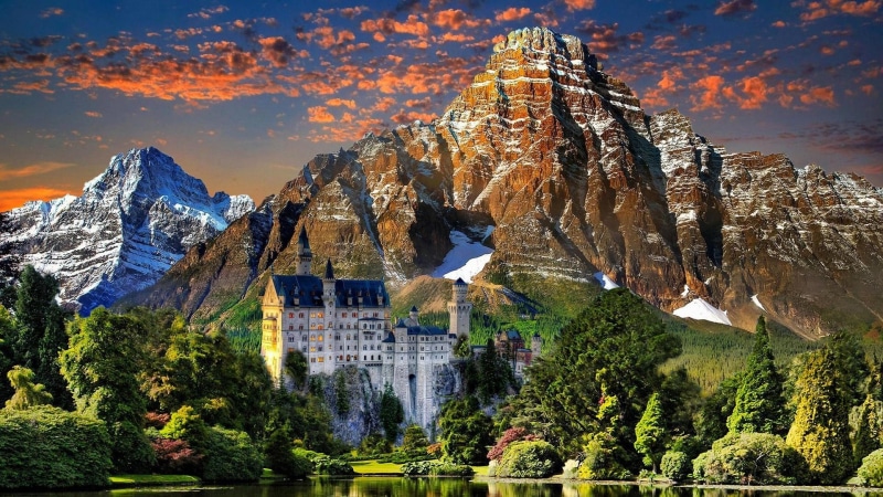 lake, garden, sky, sheffield park, castle, neuschwanstein castle, mountains, 1080P, park, mountain