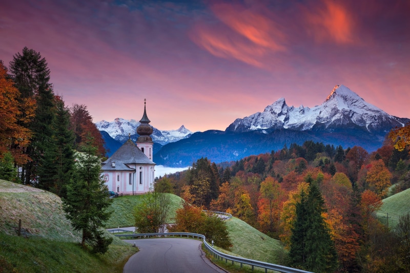 Bayern, autumn, Bavaria, plant, built structure, building exterior, no people, gray, Church of Maria Gern, snowcapped mountain, nature, tree, white, outdoors
