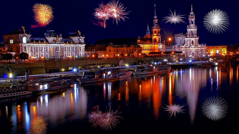 dresden, fireworks, sky, event, 1080P, germany, night sky, night, reflection, river, city, europe, cityscape, landmark, tourist attraction