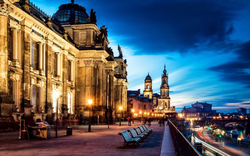 water, city, photography, long exposure, river, church, bench, 1080P, cityscape, building, Germany, lights, evening, road, dusk, Dresden