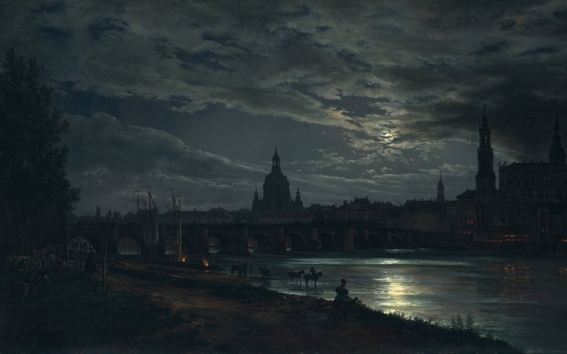 river, Moon, bridge, city, painting, Dresden, night, 1080P, View of Dresden by Moonlight