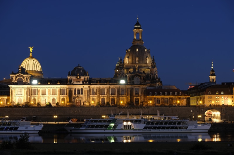sky, landmark, ship, river, illuminated, outdoors, dresden, blue, no people, dusk, spirituality, religion, belief, church, old town, frauenkirche, travel destinations