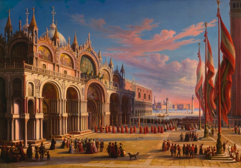 people, Venice, architecture, 1080P, crowds, painting, flag, clouds, classic art, Carl Ludwig Rundt, Italy, artwork, town square, traditional art