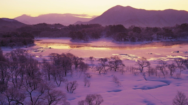 mountains, river, fukushima, sunset, japan, lscape, trees, winter, nature and landscapes, 1080P