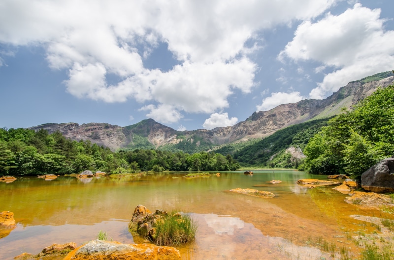 summer, lake, mountain range, tranquil scene, marsh, non-urban scene, mount bandai, scenics - nature, tranquility, natural, cloud - sky, grass, green, reflection