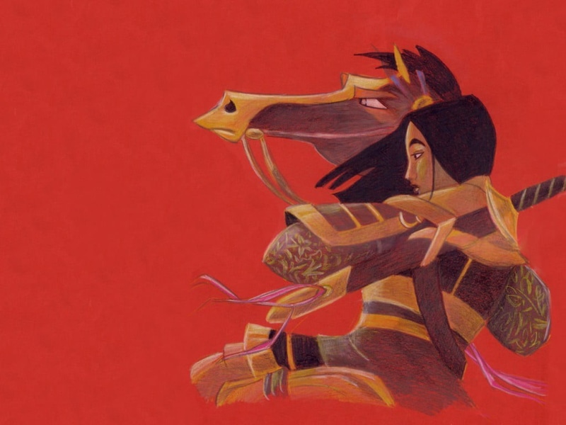 representation, traditional clothing, Mulan, people, women, emotion, movies, colored background, belief, religion, celebration, the past, adult, illustration