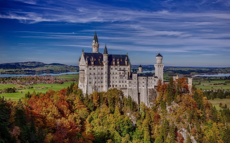 sky, built structure, the past, tower, plant, autumn, building, gray, city, Schloss Neuschwanstein, travel, building exterior, no people, growth, tree