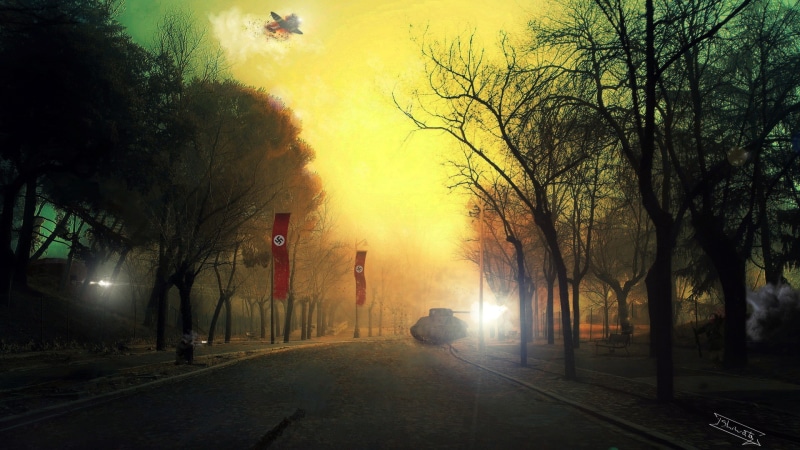 war, trees, digital/artwork, drawing, tank, world, street, hd, wwii, 1080P, nazi