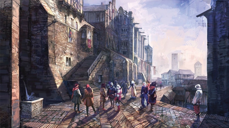 painting, concrete, near, digital/artwork, drawing, hd, building, buildings, people, brown, group, 1080P