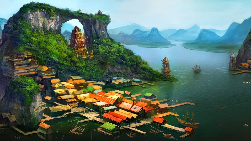 painting, hd, houses, ocean, buildings, temple, drawing, digital/artwork, hill, near, 1080P, floating