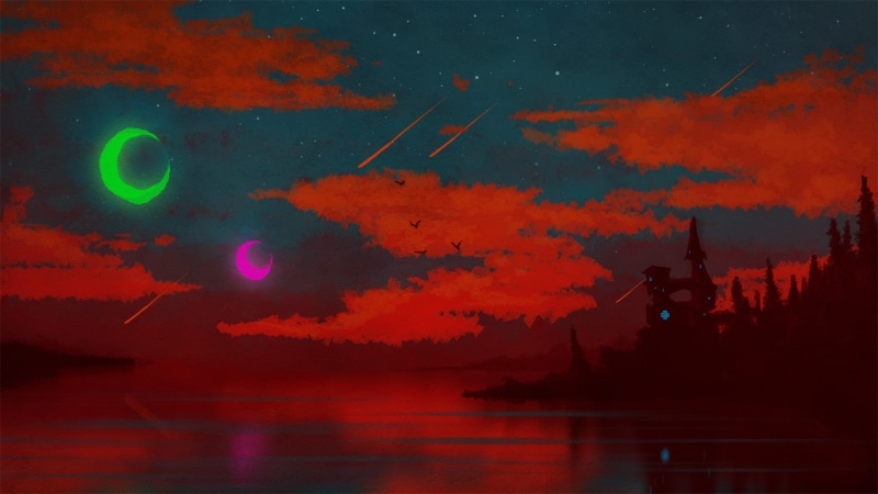 clouds, 1080P, meteor, castle, night, drawing, digital/artwork, hd, asteroid, moon