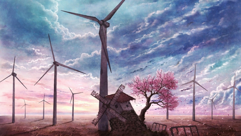 digital/artwork, tree, 1080P, drawing, hd, windmill