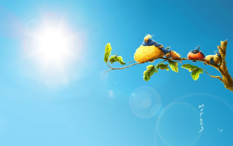 branch, birds, tree, four, digital/artwork, drawing, blue, 1080P, photo, hd, sunlight