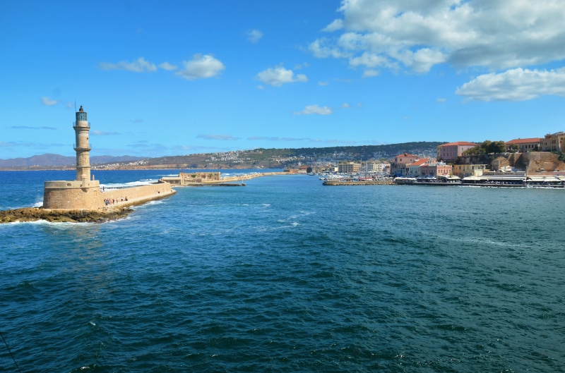 waterfront, architecture, no people, building, tower, sea, old, blue, building exterior, greece, built structure, travel destinations, day, chania, cityscape