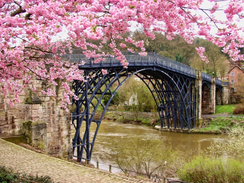 bridge - man made structure, tree, historic, river, plant, beauty in nature, cherry, flower, uk, water, 1080P, springtime, architecture, metal, blossom