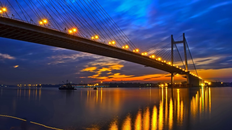 Ganges, river, 1080P, evening, Hooghly Bridge, West Bengal, concrete, bridge, glow, blue, sky, India, Calcutta, hooghly