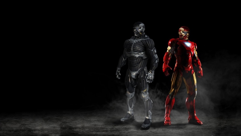 Stark Innovations, Crysis, combination, 1080P, nanosuit 2, Crytek, Iron Man, Stark/Fujikawa, by biostate56, Marvel, Stark International, mecha, man, mist