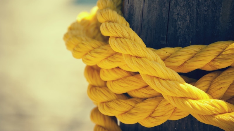 still life, nature, connection, safety, focus on foreground, security, tied knot, twisted, ropes, 1080P, outdoors, day, wooden post, no people, detail