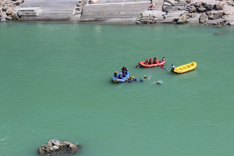 high angle view, transportation, raft, rafting, water, travel, rishikesh, men, nautical vessel, outdoors, tourism, waterfront, sport, 5K, boat, people