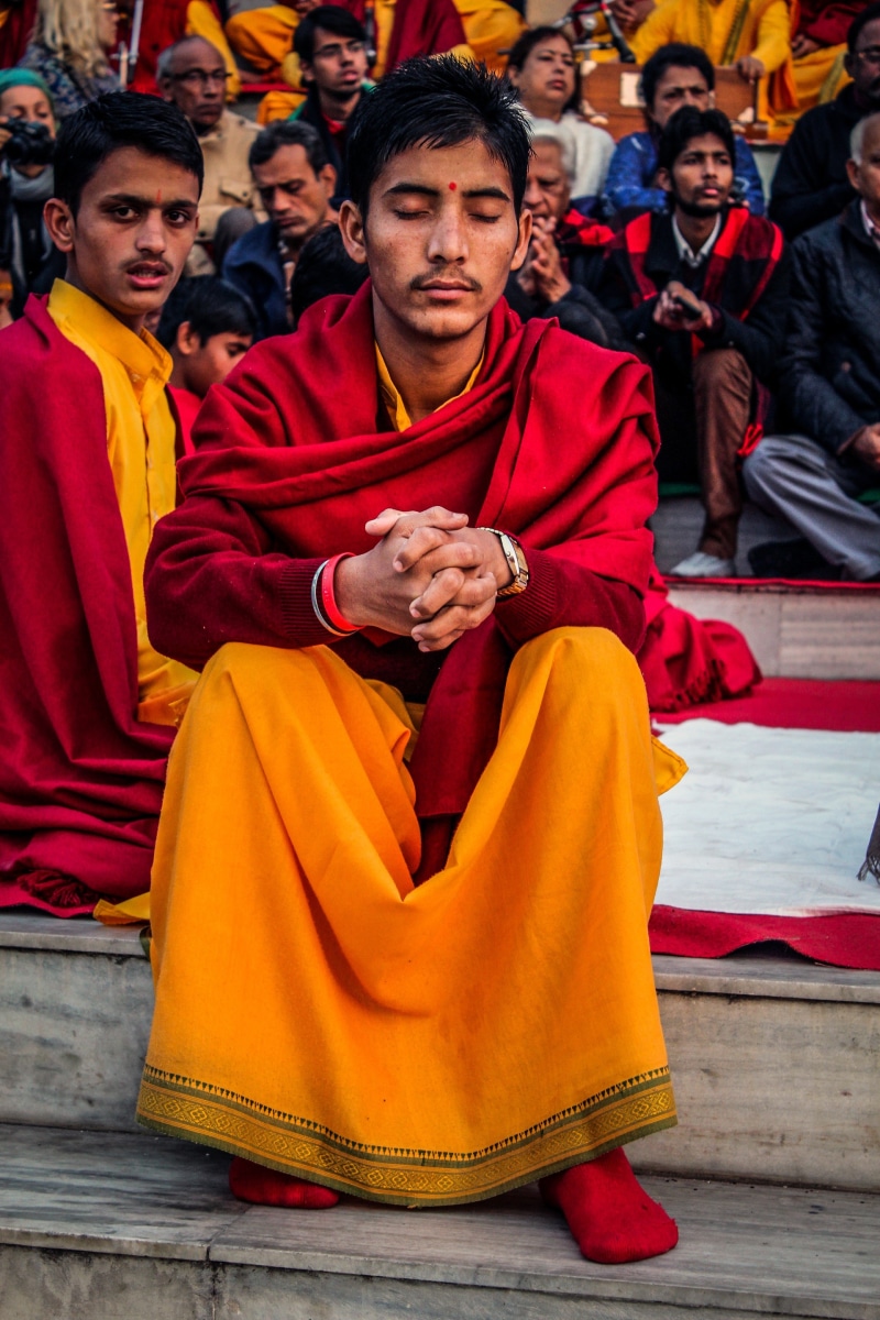 robe, travel, red, india, crowd, real people, clothing, men, people, group of people, meditation, spectator, belief, spirituality, front view, 2K, sitting