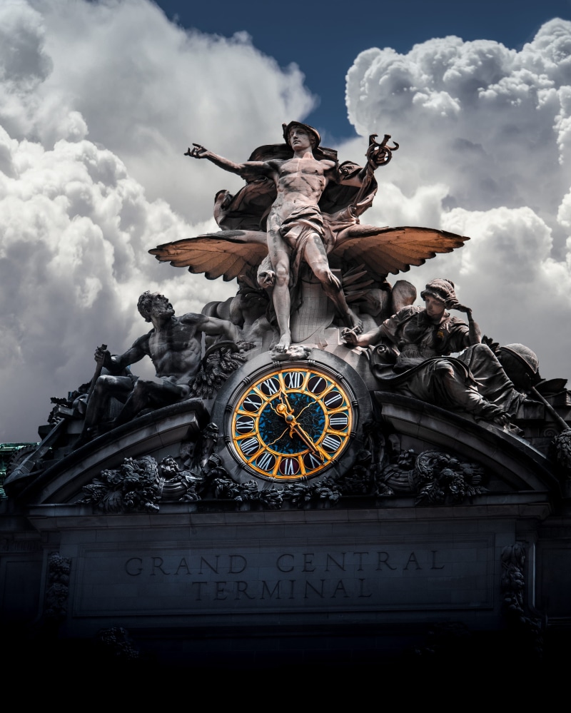 cloud - sky, city, creativity, time, central, gargoyle, grand, history, sky, color, photo, outdoors, statue, angel, sculpture, design, structure, light