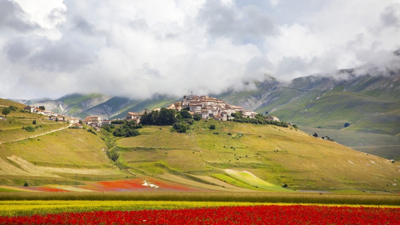 hills, mountain range, tranquility, grass, Italy, plant, mist, non-urban scene, building exterior, trees, sky, cloud - sky, landscape, hill, nature, tranquil scene