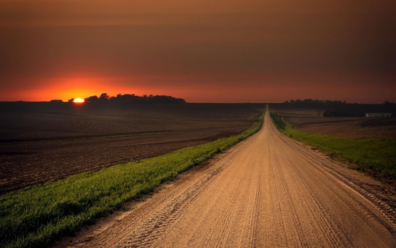 dirt road, sunset, 1080P, tranquility, rural scene, environment, landscape, road, path, tranquil scene, house, scenics - nature, grass, sky, trees, land