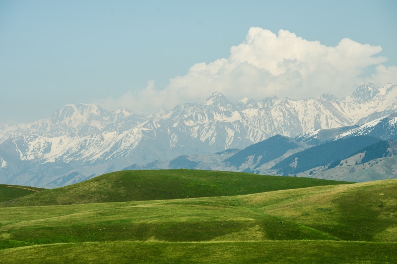 snow, 5K, grass, green, plains, landscape, nature, field, Kazakhstan, mountains