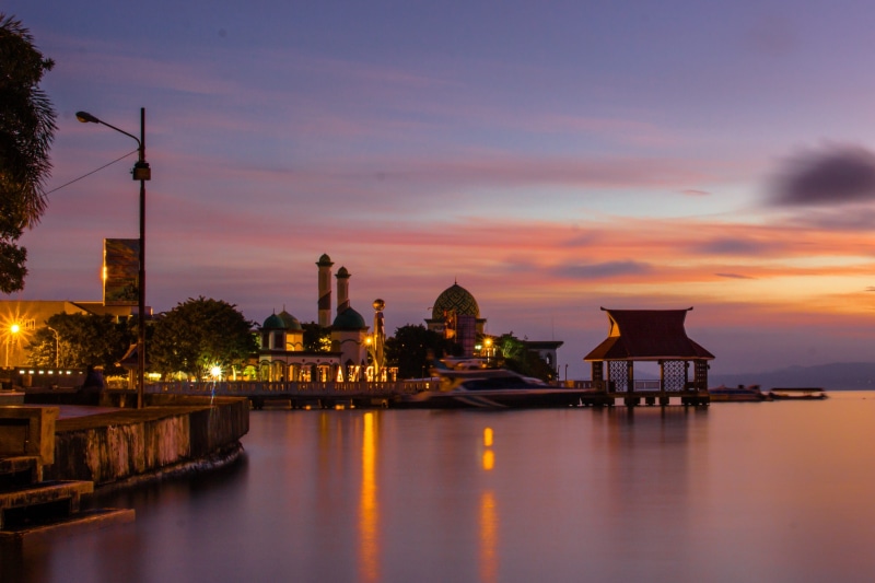 dusk, architecture, east indonesia, landscape, building, water, waterfront, no people, religion, illuminated, sunset, spirituality, built structure, good morning indonesian