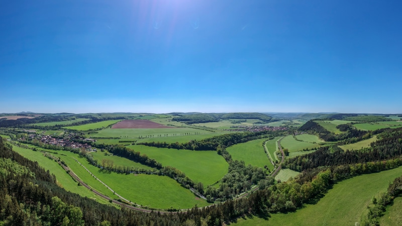 rural area, agriculture, landscape, grassland, aerial photography, germany, meadow, panorama, field, sky, grass, 8K, highland, plain, hill, vachdorf, farm