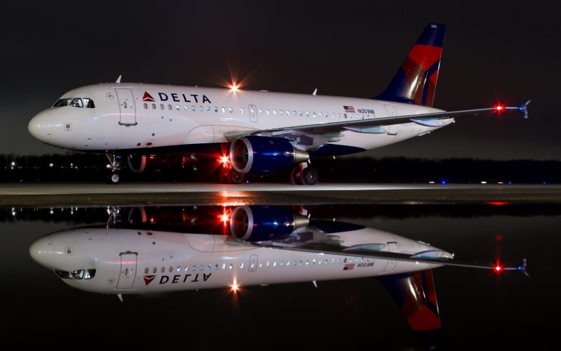 delta, travel, airplane, airport, white, night, airport runway, air vehicle, technology, passenger aircraft, flying, plane, motion, mode of transportation