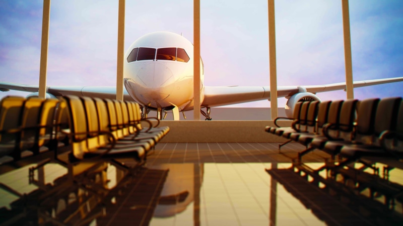 glass, airplane, chair, depth of field, waiting, reflection, sunlight, window, passenger aircraft, airport, 1080P